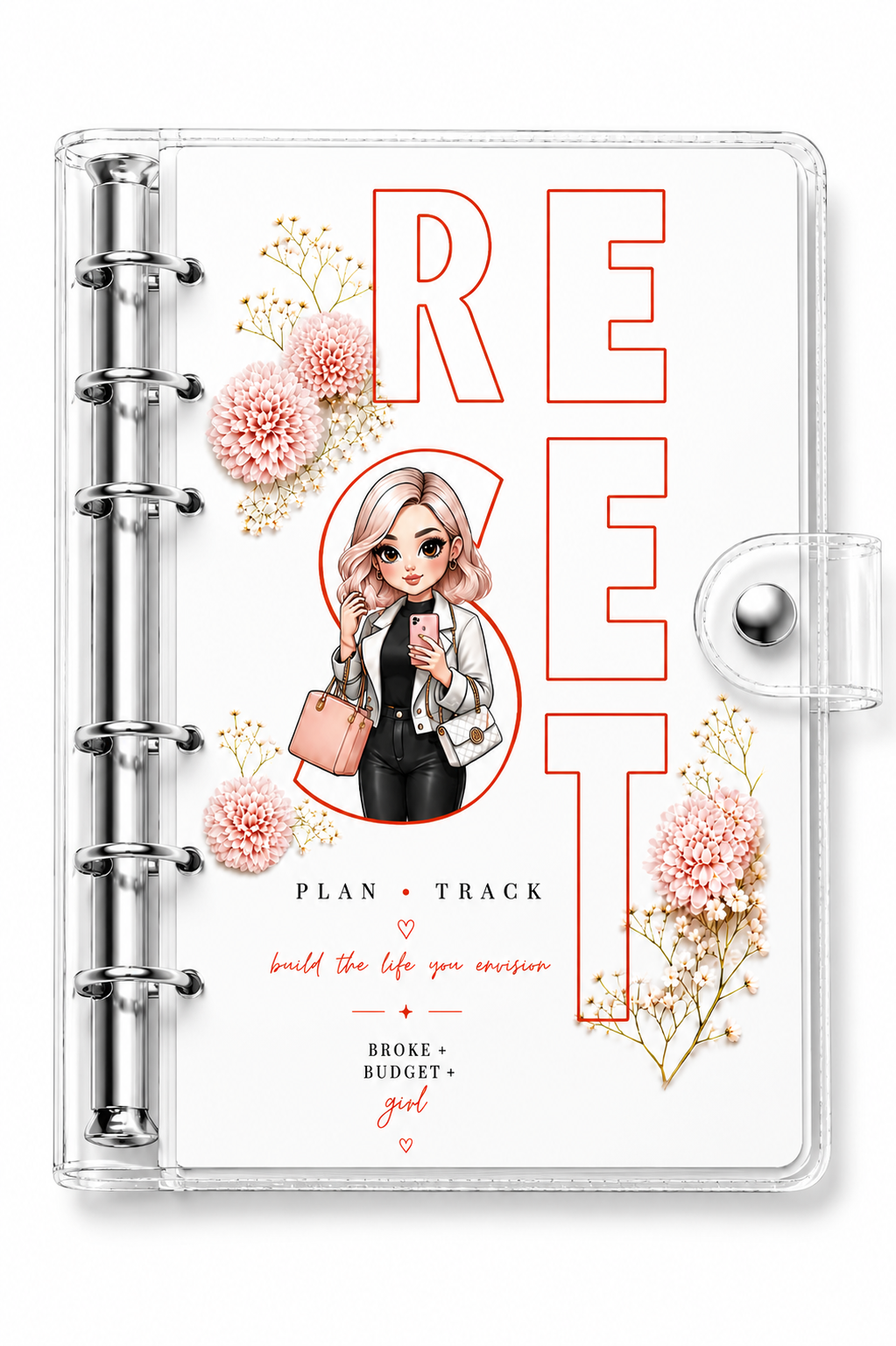 Megyn financial planner in a clear six-ring binder featuring her character design and personalized cover
