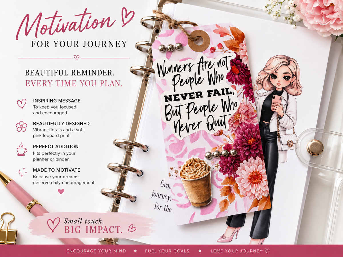 Megyn financial planner accessories featuring handmade tags, and inspirational planner charm
One small but important distinction