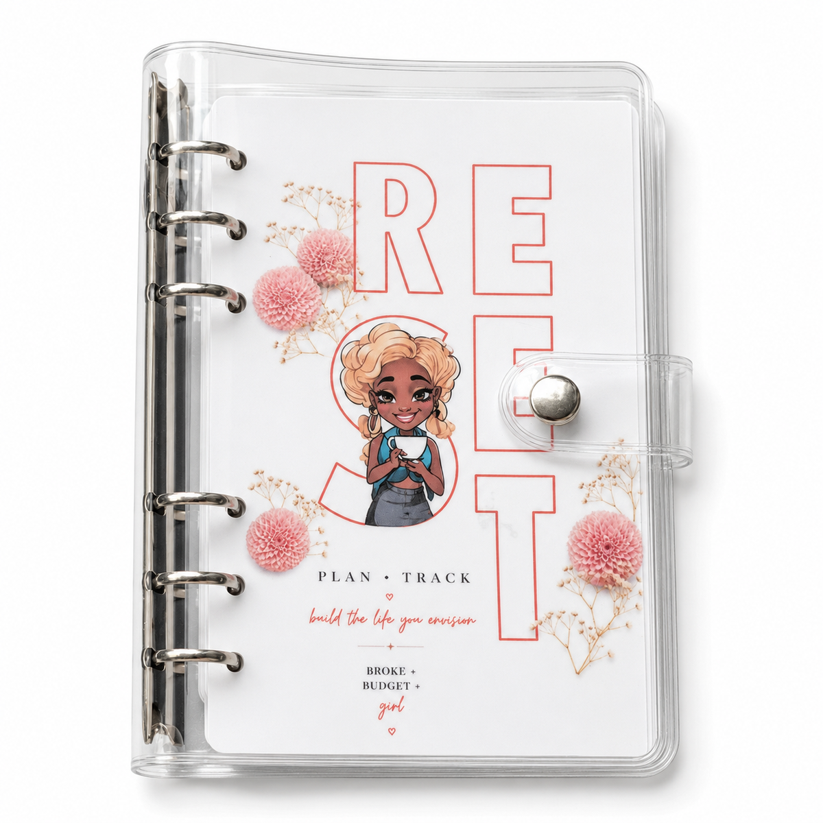 Savannah financial planner in clear binder featuring her signature blue floral handmade design and inspirational dashboards