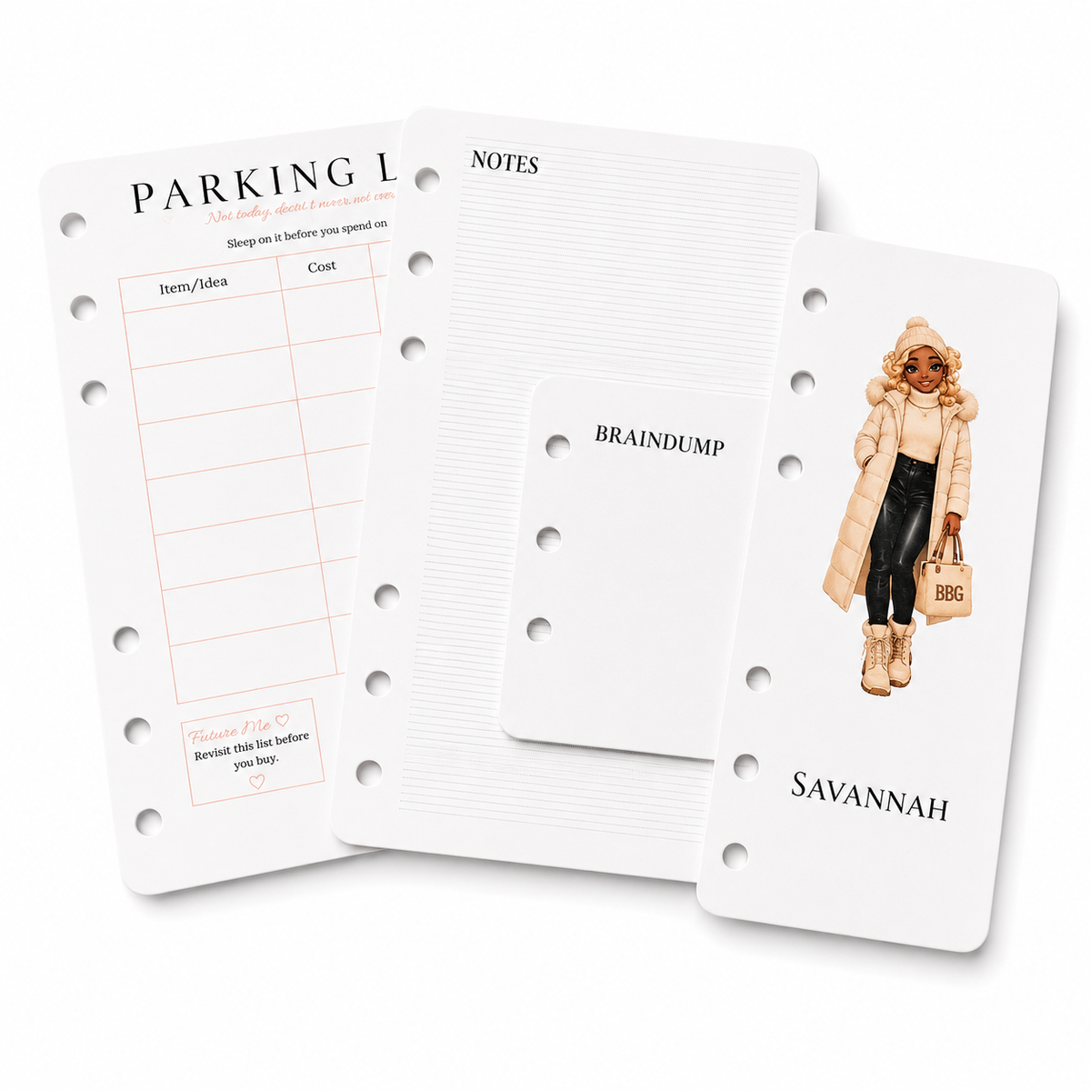 Savannah financial planner accessories including character bookmark, brain dump pages, notes pages, and reusable parking lot page