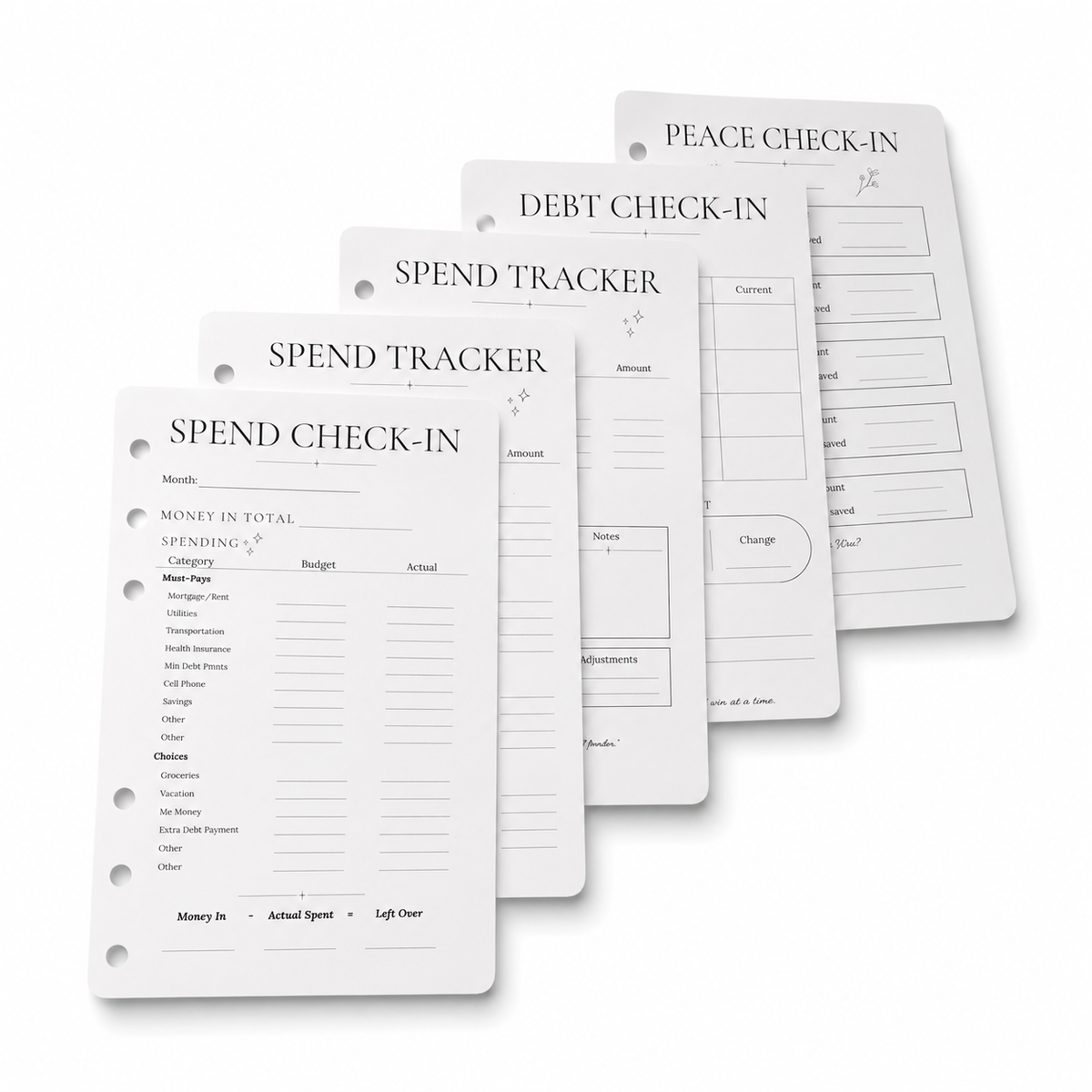 3 month financial planner Track refill pack showing Spend Check-In, Spend Tracker, Debt Check-In, and Peace Check-In pages