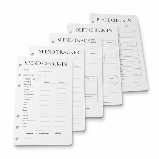 3 month financial planner Track refill pack showing Spend Check-In, Spend Tracker, Debt Check-In, and Peace Check-In pages