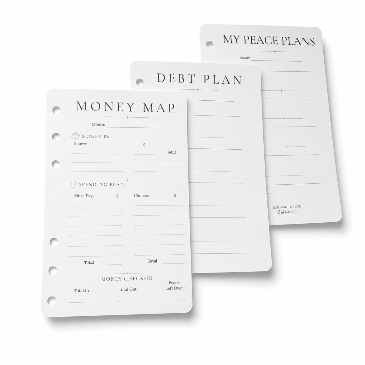 3 month financial planner Plan refill pack showing Money Map, Debt Plan, and My Peace Plans pages