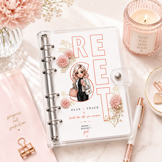 Megyn handmade financial planner in a clear binder styled with feminine planner accessories