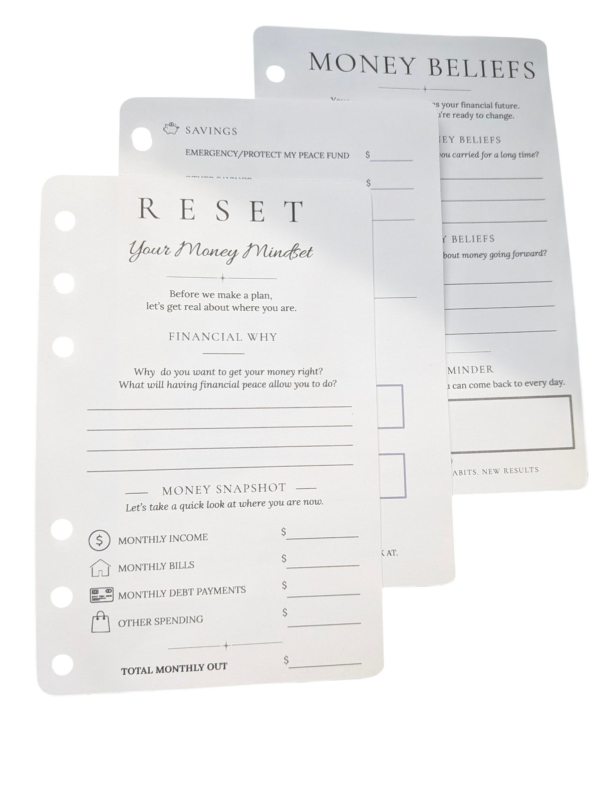 Megyn financial planner Reset section featuring financial why, money snapshot, savings, and money mindset pages