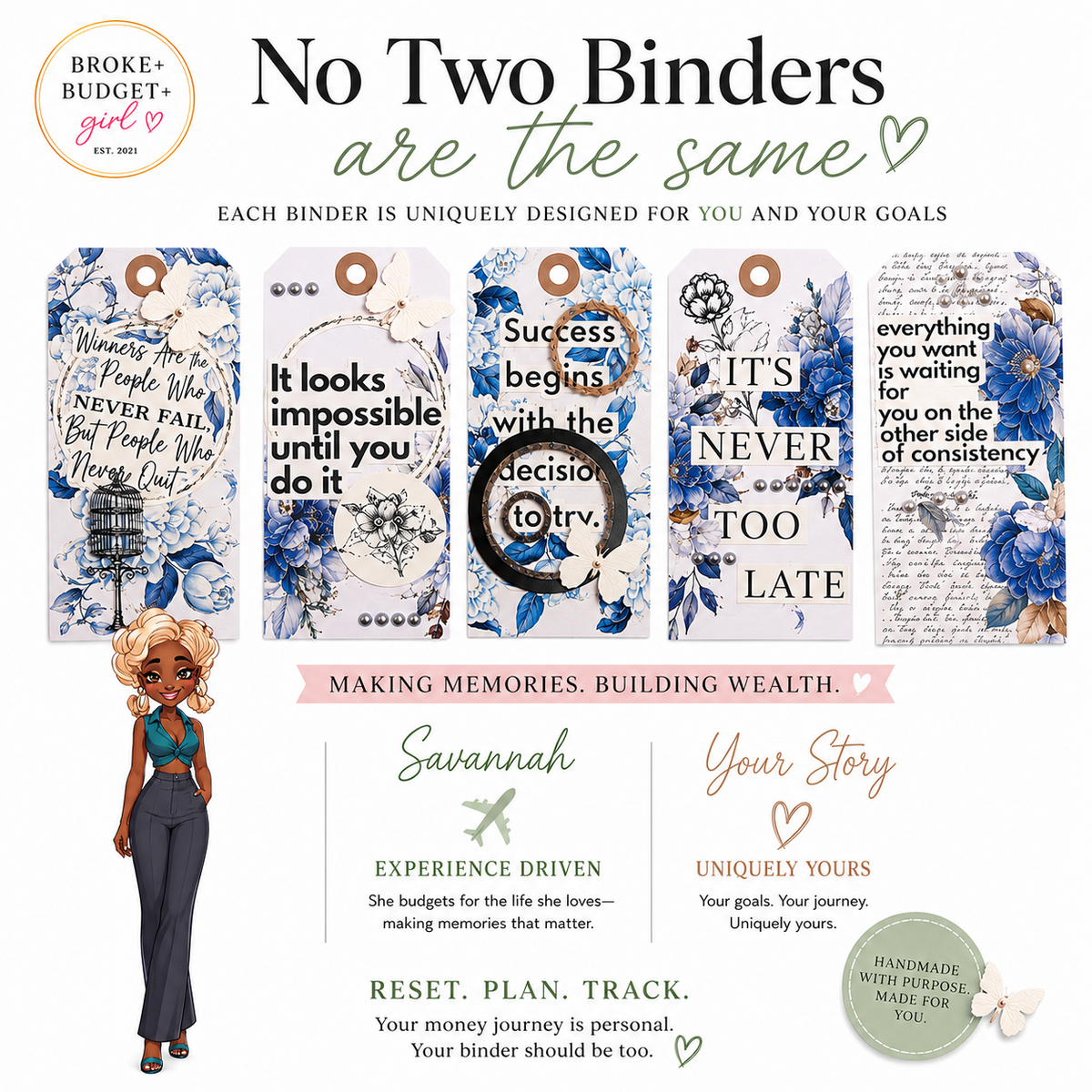Handmade planner tags with unique decorative designs created to complement the Savannah financial planner