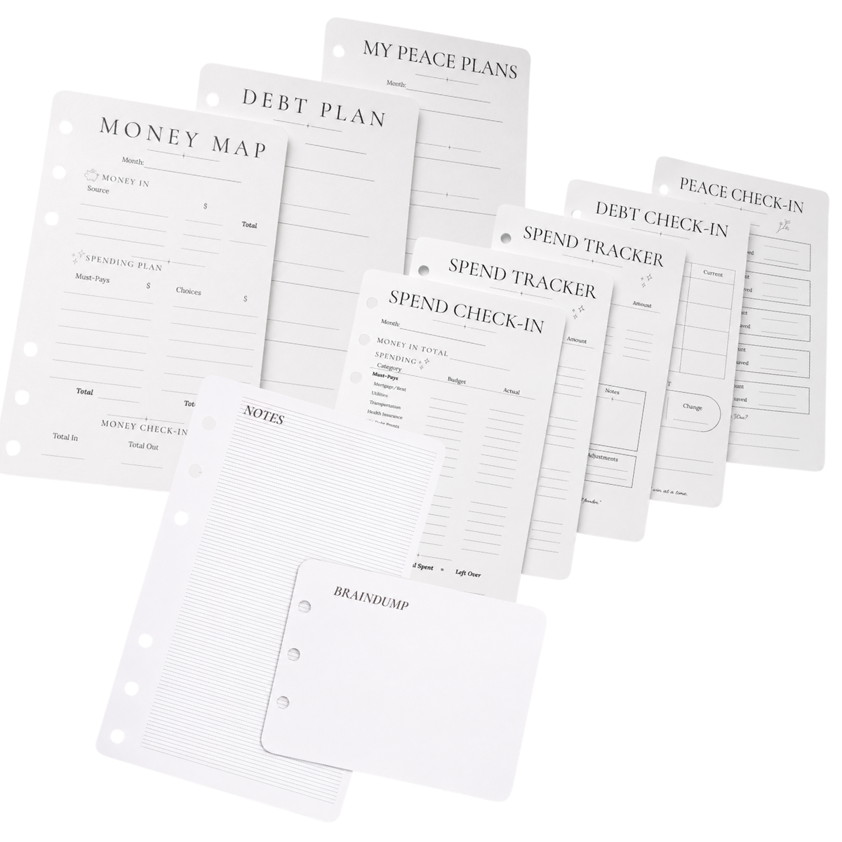 Broke Budget Girl Planner Refill Pack including three months of Plan and Track pages plus Notes and Brain Dump pages