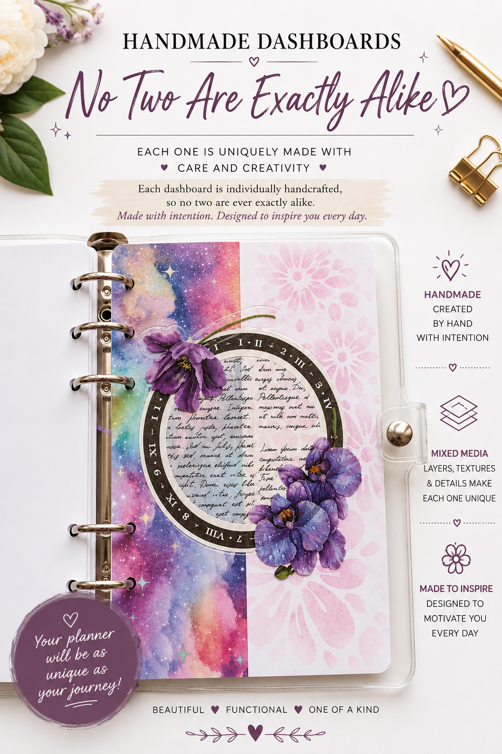 Example of a handmade financial planner dashboard featuring unique mixed-media designs, textures, and embellishments
Megyn bookmark, tags, and charm